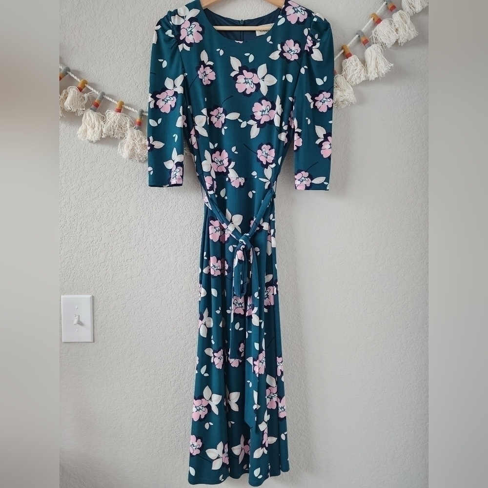 Eliza J Green Pink Floral 3/4 Sleeve Shift Midi Dress Party Prairie Careerwear 8